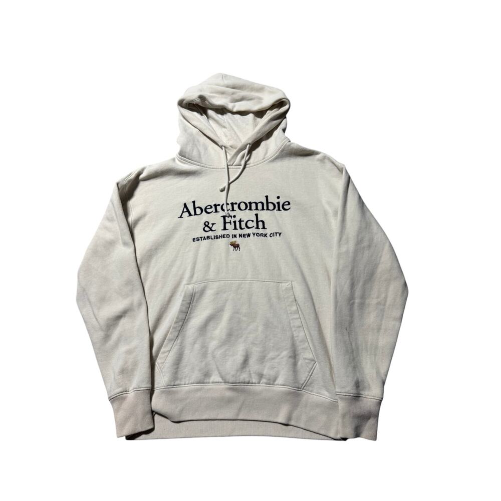 Abercrombie & Fitch Hoodie Mens S Cream Relaxed Soft A&F Fleece Graphic Pullover - Picture 5 of 16